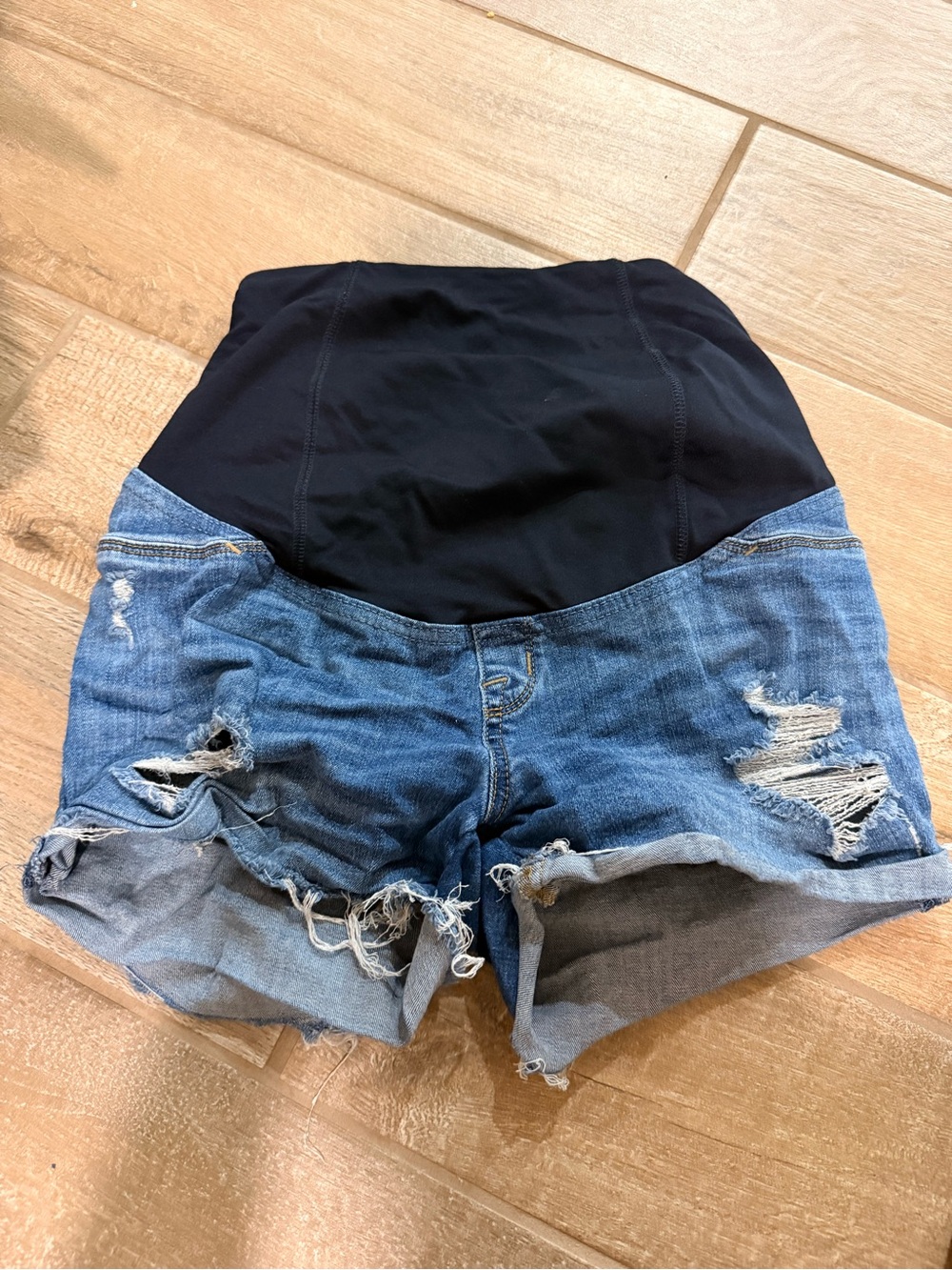 Maternity Distressed Denim Shorts with Black Stretch Panel